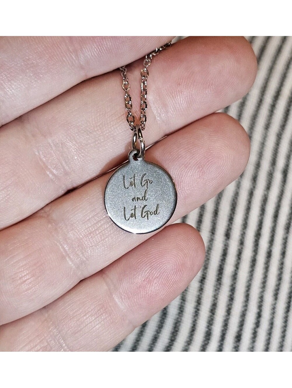 Let Go Let God Engraved Pendant Silver Steel Spiritual Inspirational Necklace